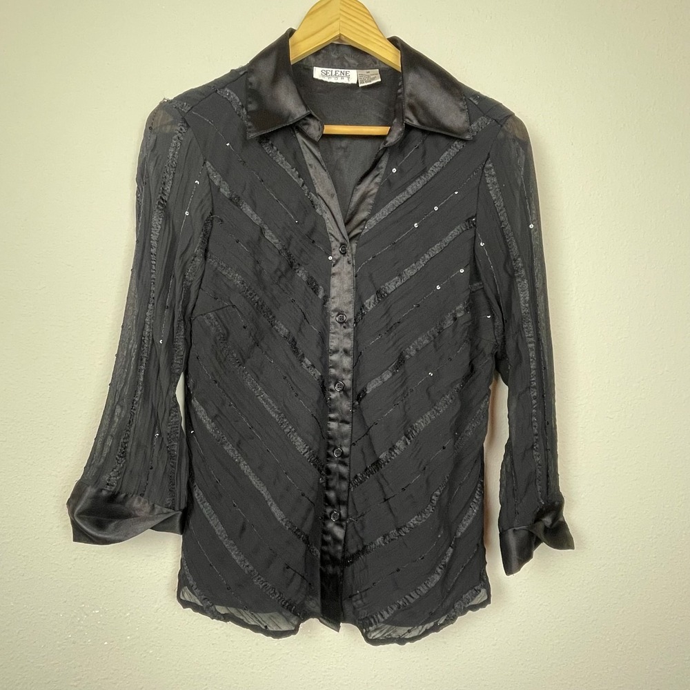 Selene Sport Black Sequin Top M‎ Vintage Whimsigoth Satin Collar Fairycore